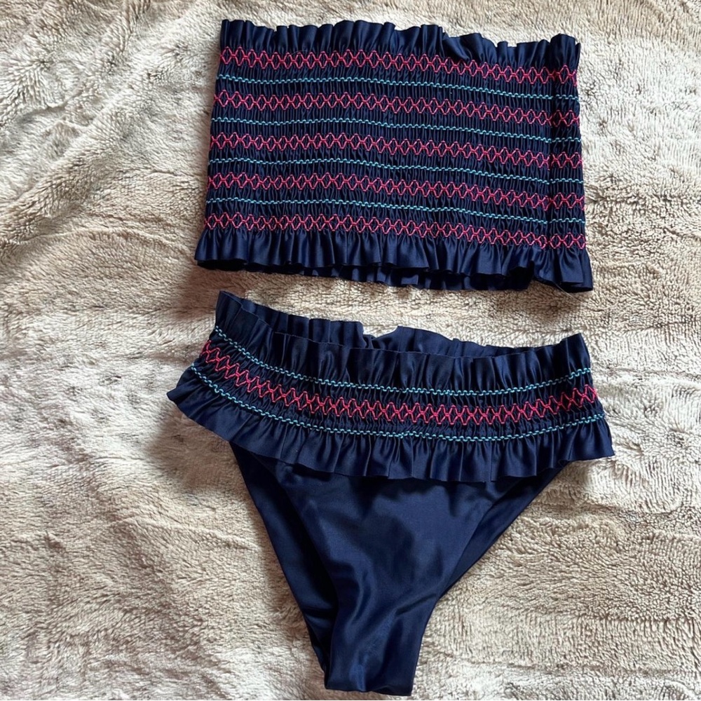 Navy Smocked Two-Piece Swim Set with Pink & Teal Stitching